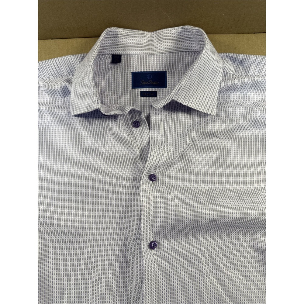 David Donahue Shirt Mens 18 34/35 Blue Micro-Check Button Up Long Sleeve